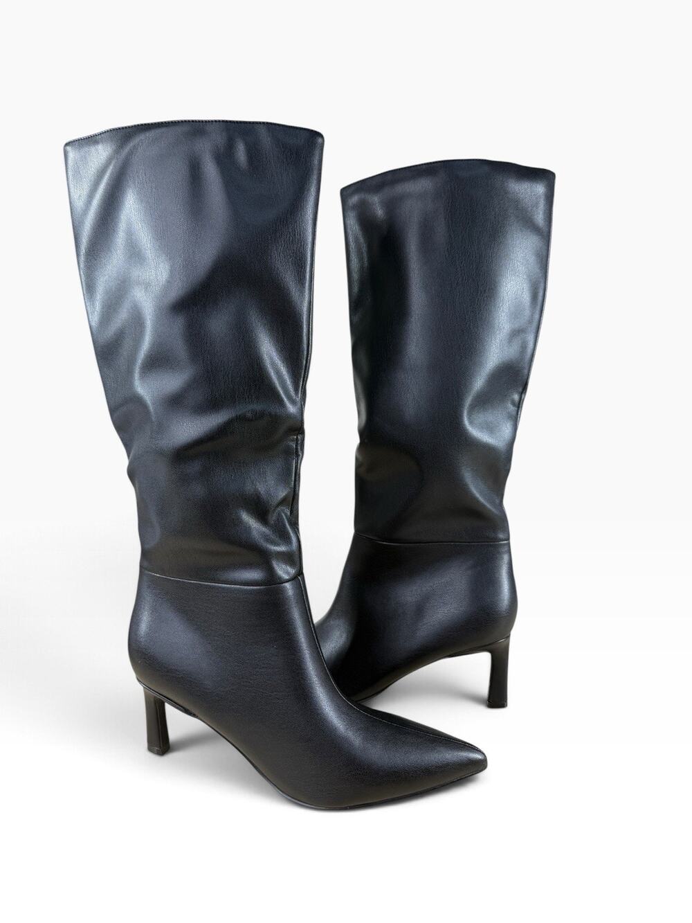 Size 9 EASYFOX Black Knee High Faux Leather Boots Pointed Toe Stiletto Heel